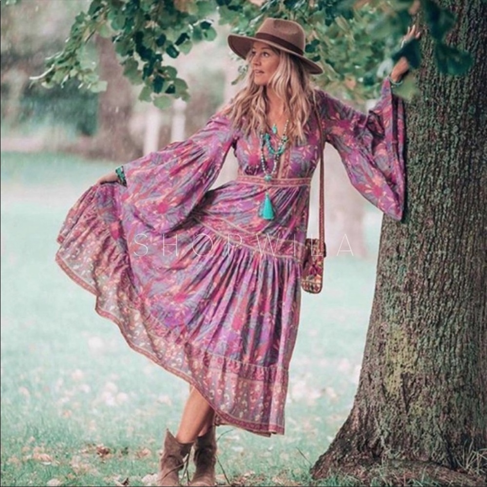 Bohemian Purple Floral Maxi Dress - Lightweight Tiered Sleeve Dopamine Dress - Picture 8 of 8